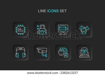 Set line Radioactive warning lamp, Humanoid robot, Security camera, Headphones, Earth with exclamation mark, Cloud database, Cyber security and Processor CPU icon. Vector