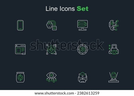 Set line Hologram, Cloud database, Computer vision, Energy drink, Cyber security, Cryptocurrency coin Bitcoin, Blockchain technology and Browser window icon. Vector