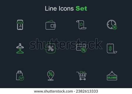 Set line Hanging sign with text Closed, Shopping cart and food, Location percent, Paper shopping bag, check financial check, Discount card, tag and Hanger wardrobe icon. Vector