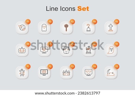 Set line Moon and stars, Flying bat, Castle, Happy Halloween holiday, Voodoo doll, Ghost, Tombstone with RIP written and Frankenstein face icon. Vector