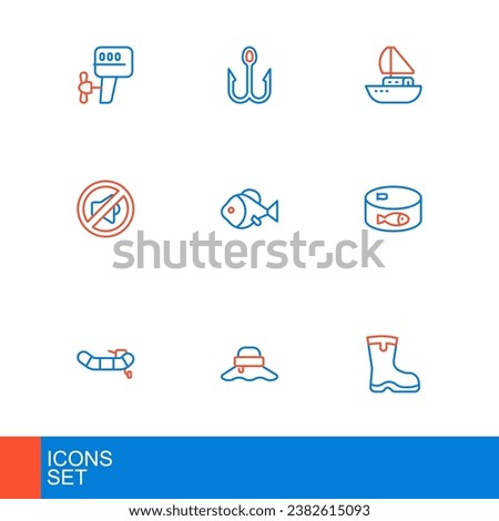 Set line Fishing boots, Fisherman hat, Inflatable boat with motor, Canned fish, Speaker mute, Yacht sailboat and hook icon. Vector