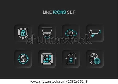 Set line Cancelled fingerprint, House under protection, Graphic password, Lock, Security camera, Cloud computing lock, Fire sprinkler system and Shield security with icon. Vector