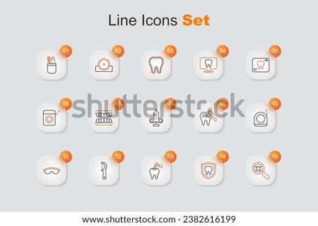 Set line Dental search, protection, Tooth with caries and drill, floss, Safety goggle glasses, Broken tooth and Syringe icon. Vector
