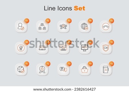 Set line Phone book, Freelancer, Question and Answer, Web camera, Video chat conference,  and  icon. Vector