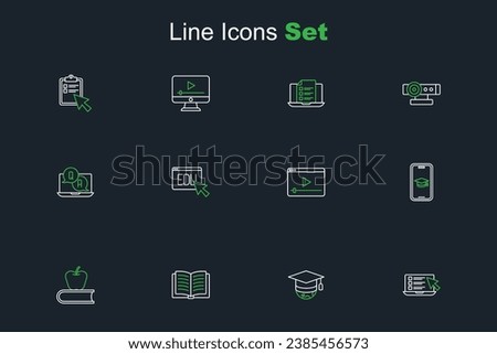 Set line Online quiz, test, survey, Graduation cap on globe, Open book, Book with apple, mobile, play video, education and Question and Answer icon. Vector