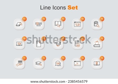 Set line Online education with diploma, play video, Graduation cap speech bubble, cursor, Book donation, apple, Audio book and globe icon. Vector