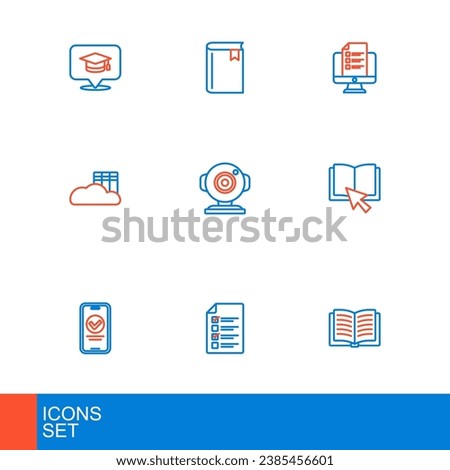 Set line Open book, Online quiz, test, survey, Cloud or online library, Web camera,  and Book icon. Vector
