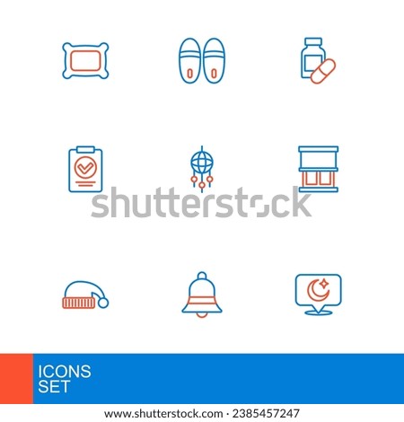 Set line Moon and stars, Ringing bell, Sleeping hat, Window with curtains, Medical prescription, Dream catcher feathers, pill and Slippers icon. Vector