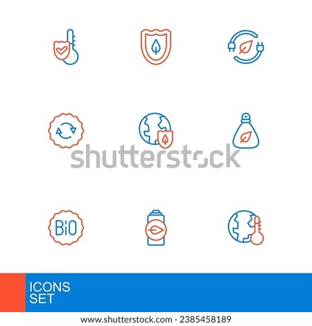 Set line Earth melting to global warming, Eco nature leaf battery, Banner for bio, Garbage bag, Recycle symbol, with shield, Electric saving plug and Shield icon. Vector