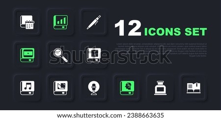 Set Inkwell, Open book, Magnifying glass, Law, Book about cinema, geometry, Financial and Microphone icon. Vector