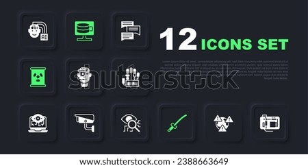 Set Earth with exclamation mark, Motherboard, Smart glasses spectacles, Katana, Radioactive waste in barrel, Security camera, Cloud database and Eye scan icon. Vector