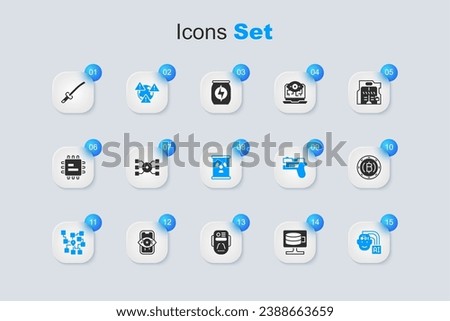 Set Cloud database, Neural network, Earth with exclamation mark, Humanoid robot, Cryptocurrency coin Bitcoin, Katana and Radioactive waste barrel icon. Vector