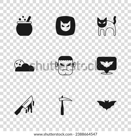Set Scythe, Flying bat, Frankenstein face, Black cat, Halloween witch cauldron,  and Moon and stars icon. Vector