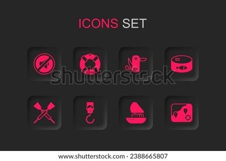 Set Spring scale, Lifebuoy, Speaker mute, Yacht sailboat, Canned fish, Location fishing, Swiss army knife and Crossed oars or paddles icon. Vector