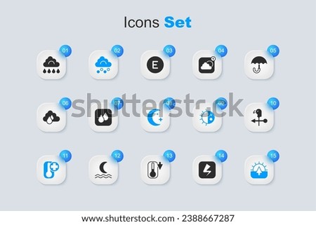 Set Lightning bolt, Water drop, Hail cloud, Thermometer, Sunrise, Rooster weather vane, Cloud with rain and Moon and stars icon. Vector