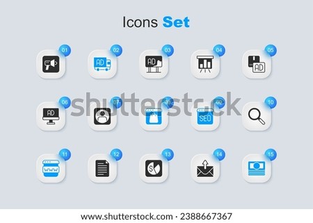 Set Mail and e-mail, Create account screen, Advertising on truck, Browser window, Stacks paper money cash, Magnifying glass, Megaphone and Online shopping icon. Vector