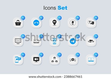 Set Movie, film, media projector, Video chat conference, Telephone handset, 360 degree view, Freelancer and  icon. Vector