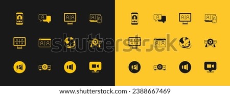 Set Video chat conference, Movie, film, media projector, Speaker volume,  and Speech bubble icon. Vector