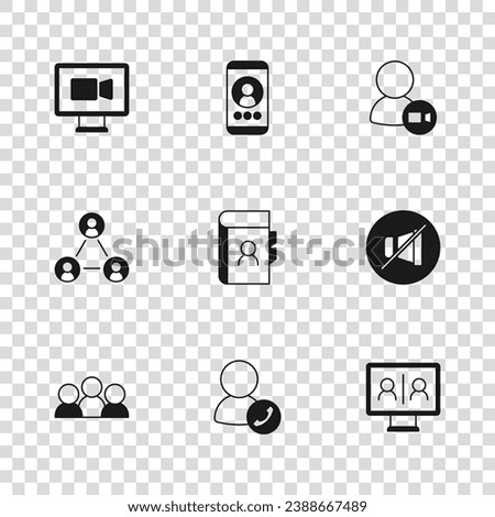 Set Video chat conference, Mute microphone, Phone book,  and Meeting icon. Vector
