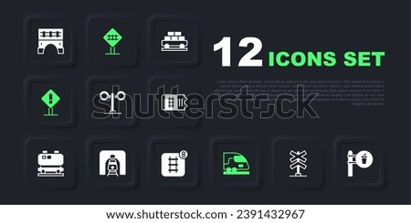 Set Railroad crossing, Cafe and restaurant location, Train traffic light, High-speed train, Exclamation mark square, railway tunnel,  and Online ticket booking icon. Vector