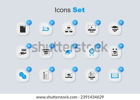 Set Online quiz, test, survey, education, Question and Answer, Open book, Book and  icon. Vector
