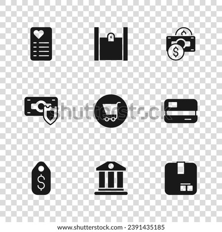 Set Bank building, Credit card, Carton cardboard box, Shopping cart, Stacks paper money cash, list, Paper shopping bag and Money with shield icon. Vector