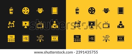 Set Play video, Plus 16 movie, Retro tv, No smoking, Online play, Drama theatrical mask, Paper glass with water and Film reel icon. Vector