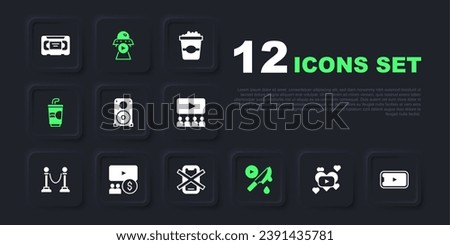 Set Romantic movie, Online play video, Stereo speaker, Thriller, Paper glass with water, Cinema auditorium screen, Science fiction and No cell phone icon. Vector