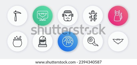 Set line Eye, Black cat, Halloween witch cauldron, Voodoo doll, Frankenstein face, Flying bat and Tombstone with RIP written icon. Vector