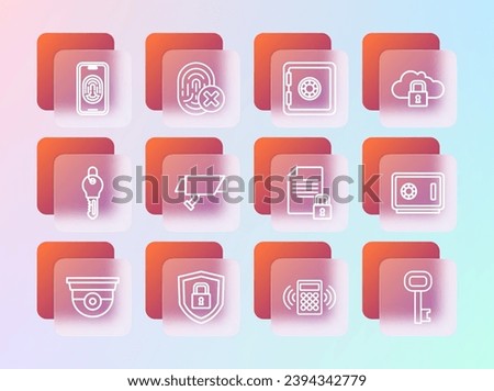 Set line Cloud computing lock, Shield security with, Document and, Security keypad access panel, camera, Safe, Mobile fingerprint scanner and Cancelled icon. Vector
