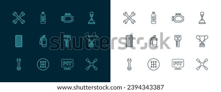 Set line Gear shifter, Car key with remote, Pit stop, Fire extinguisher, Check engine, Wrench spanner and Nitrous oxide icon. Vector