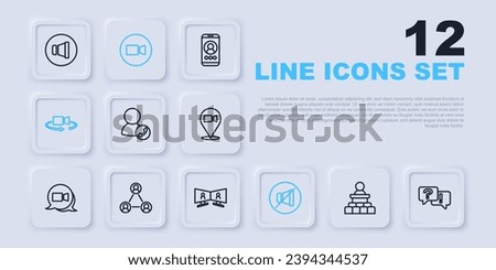 Set line Speaker, Question and Answer, Video chat conference, Mute microphone, 360 degree view, Meeting,  and  icon. Vector