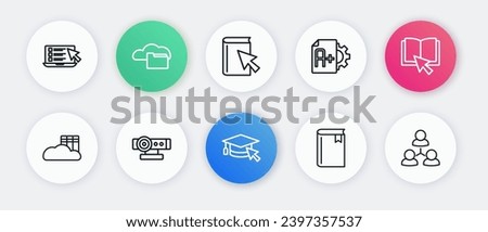 Set line Graduation cap with cursor, Online book, Cloud online library, Book, Exam sheet A plus grade, class and Web camera icon. Vector
