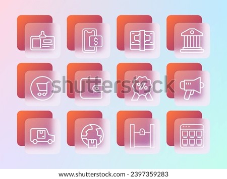 Set line Bank building, Worldwide shipping, Discount percent tag, Paper shopping bag, Wallet, Stacks paper money cash, Identification badge and Mobile icon. Vector
