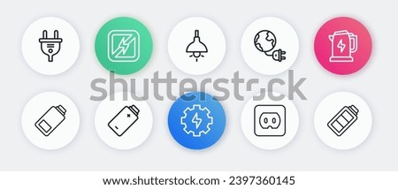 Set line Gear and lightning, Electric kettle, Battery charge, Electrical outlet, Global energy planet with plug, Lamp hanging,  and  icon. Vector