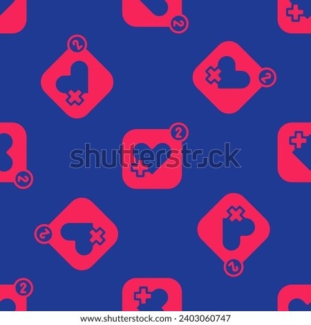 Red Smartphone with heart rate monitor function icon isolated seamless pattern on blue background.  Vector
