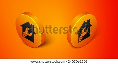 Isometric House or home with wrench spanner icon isolated on orange background. Adjusting, service, setting, maintenance, repair, fixing. Orange circle button. Vector