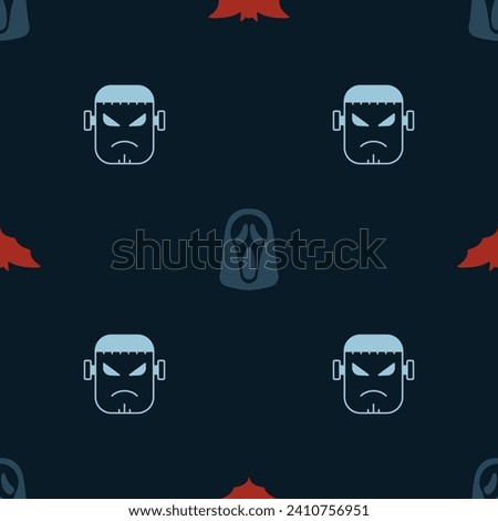 Set Flying bat, Funny and scary ghost mask and Frankenstein face on seamless pattern. Vector