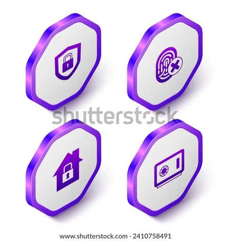 Set Isometric Shield security with lock, Cancelled fingerprint, House under protection and Safe icon. Purple hexagon button. Vector