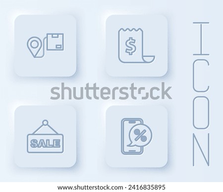 Set line Location with cardboard box, Paper check and financial check, Hanging sign text Sale and Percent discount phone. White square button. Vector