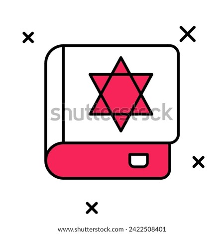 Filled outline Jewish torah book icon isolated on white background. On the cover of the Bible is the image of the Star of David.  Vector