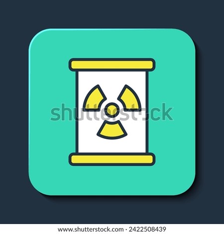 Filled outline Radioactive waste in barrel icon isolated on blue background. Toxic refuse keg. Radioactive garbage emissions, environmental pollution. Turquoise square button. Vector