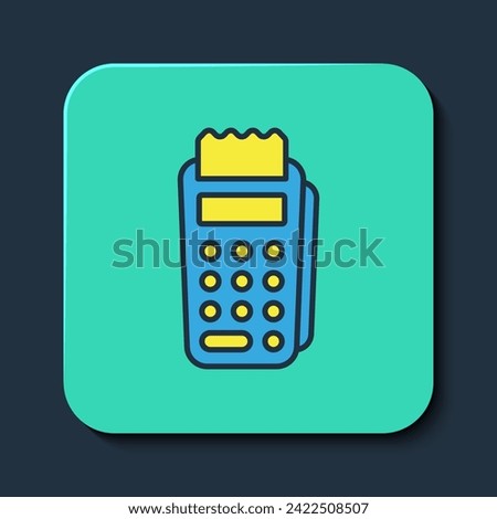 Filled outline POS terminal with inserted credit card and printed reciept icon isolated on blue background. NFC payment concept. Turquoise square button. Vector