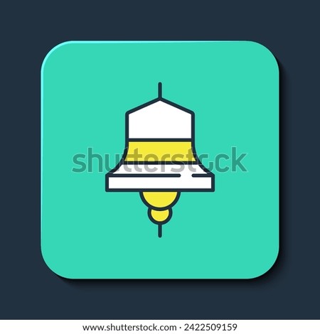 Filled outline Ship bell icon isolated on blue background. Turquoise square button. Vector