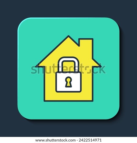Filled outline House under protection icon isolated on blue background. Home and lock. Protection, safety, security, protect, defense concept. Turquoise square button. Vector