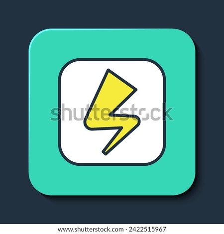 Filled outline Lightning bolt icon isolated on blue background. Flash sign. Charge flash icon. Thunder bolt. Lighting strike. Turquoise square button. Vector