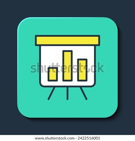 Filled outline Board with graph chart icon isolated on blue background. Report text file icon. Accounting sign. Audit, analysis, planning. Turquoise square button. Vector