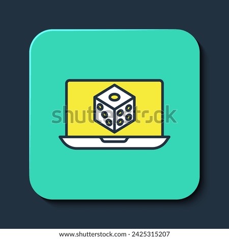 Filled outline Game dice icon isolated on blue background. Casino gambling. Turquoise square button. Vector