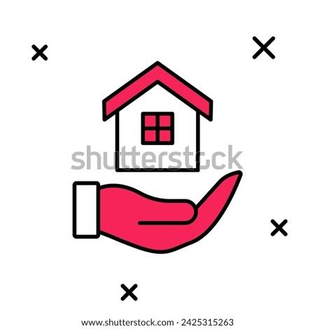 Filled outline House in hand icon isolated on white background. Insurance concept. Security, safety, protection, protect concept.  Vector