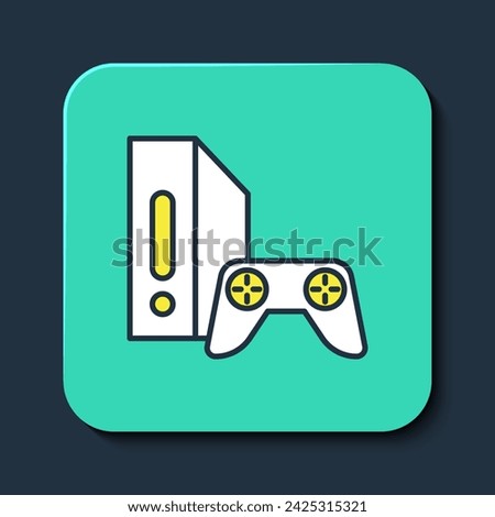 Filled outline Video game console with joystick icon isolated on blue background. Turquoise square button. Vector